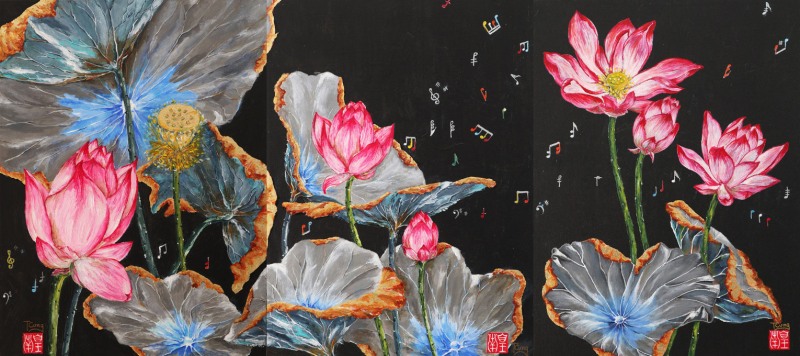2019-Acrylique-Triptyque-Quand-les-lotus-murmurent