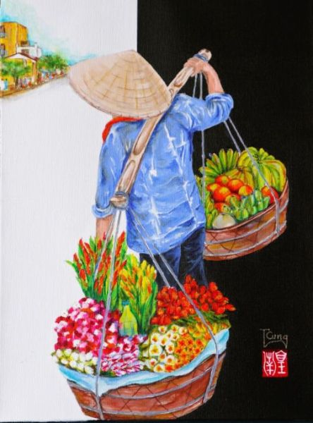 Sous le poids des corbeilles fleuries